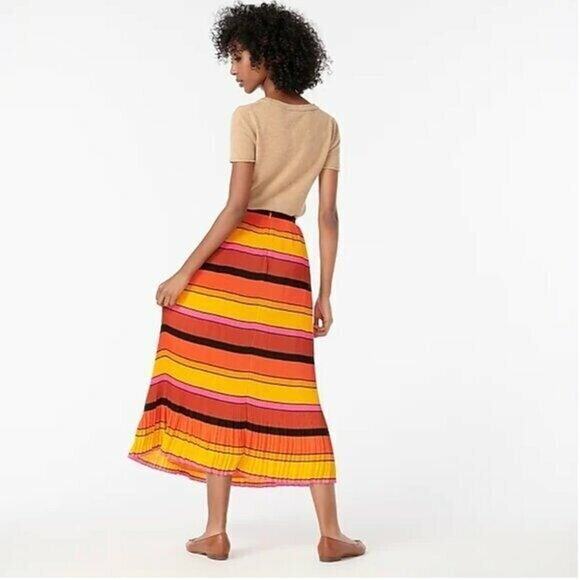 NEW Sz 0 J. Crew Straight-Pleat Skirt in Orange Pink Striped Printed midi AR478 - Picture 3 of 5
